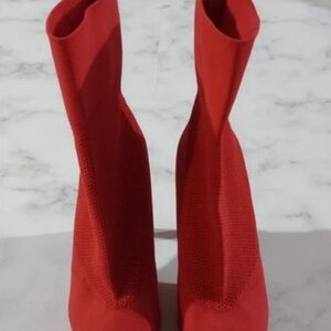 Brash Red Stretch-Knit Mid-Calf Heeled Boots